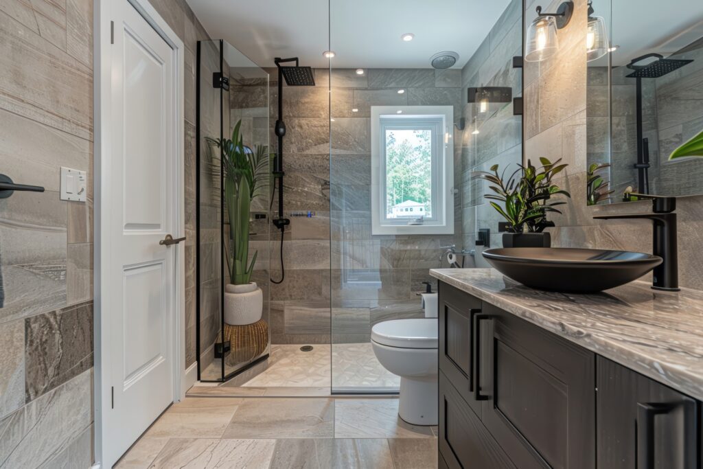 Vanity and a walk-in shower with a modern earthy design.