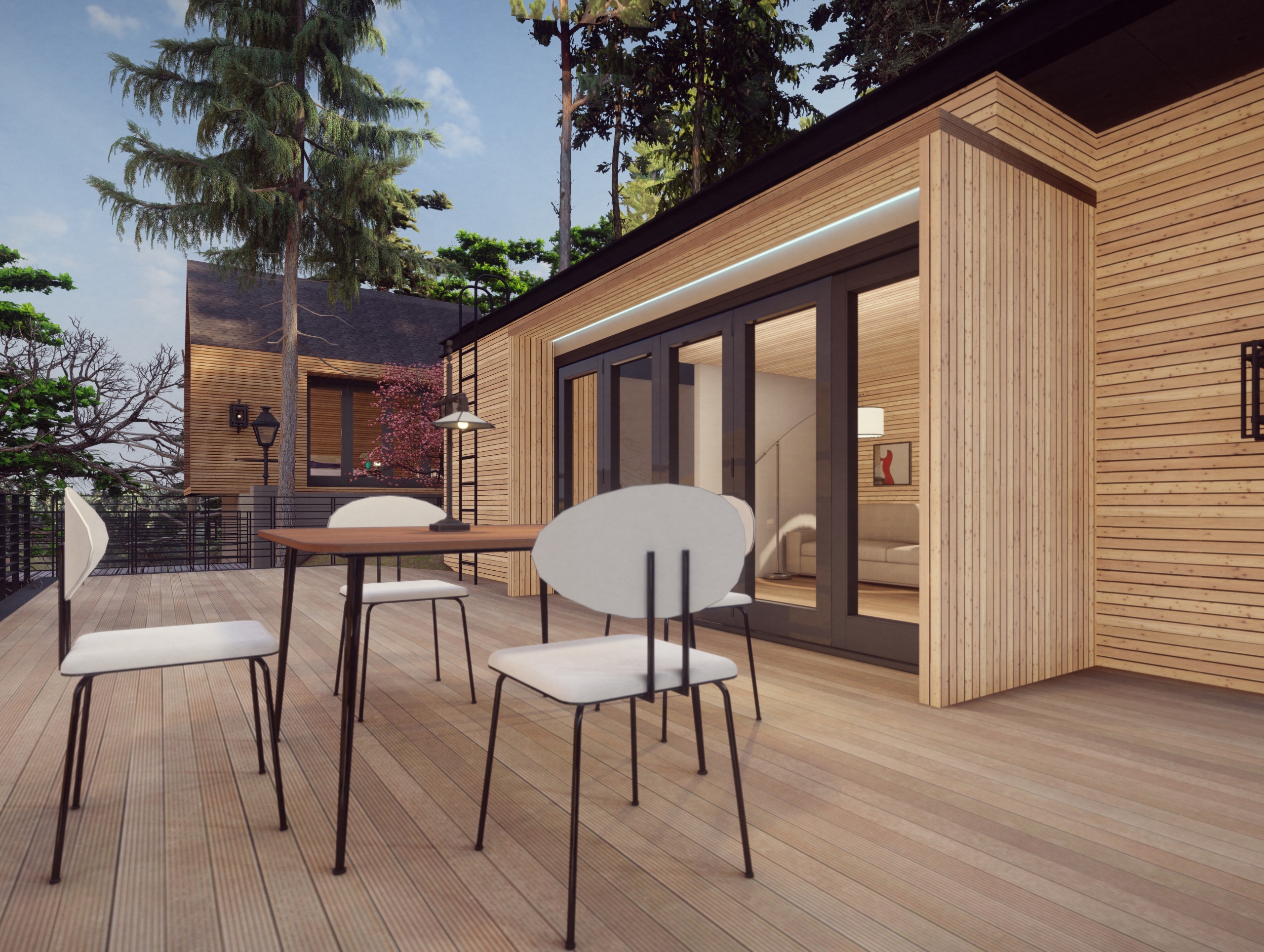A modern outdoor patio with sleek wooden decking and minimalist furniture, showcasing Bayside Builders Group's expertise in creating stylish home renovations in the Bay Area.