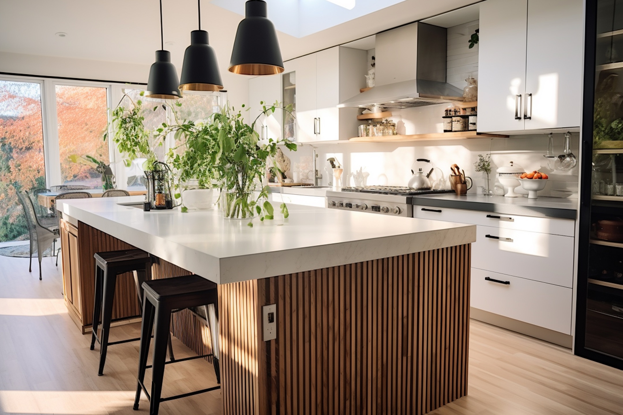 Modern kitchen with an island and laminate floors.