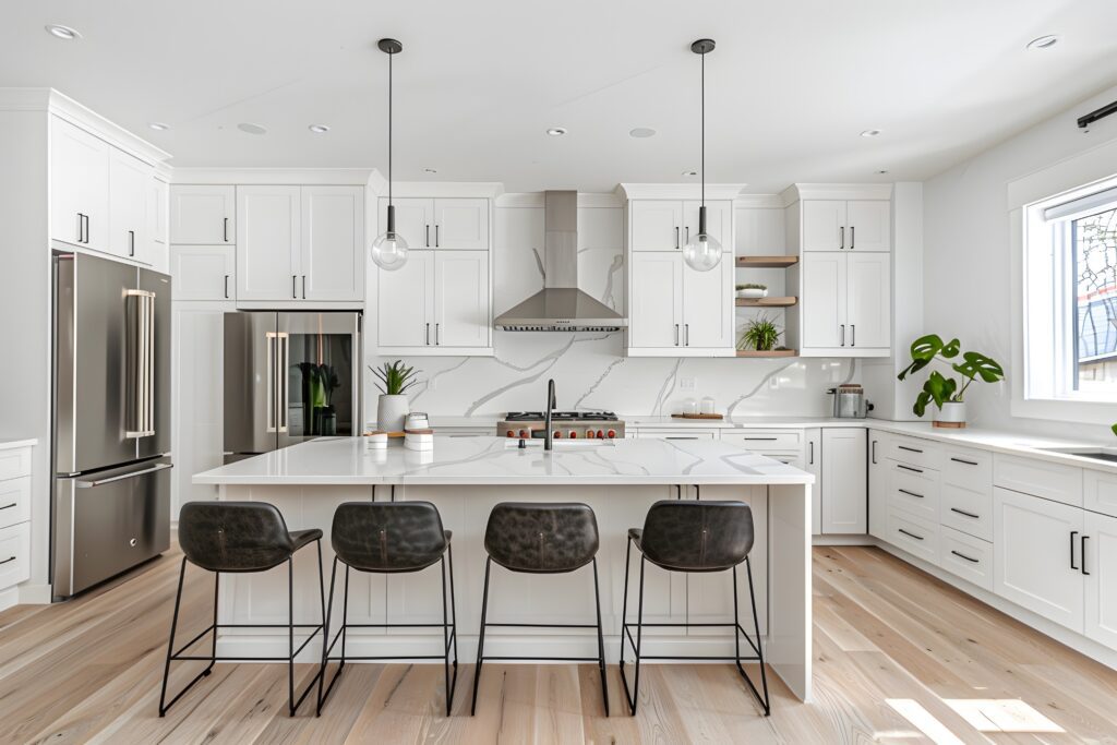 Modern kitchen with an island and laminate floors.