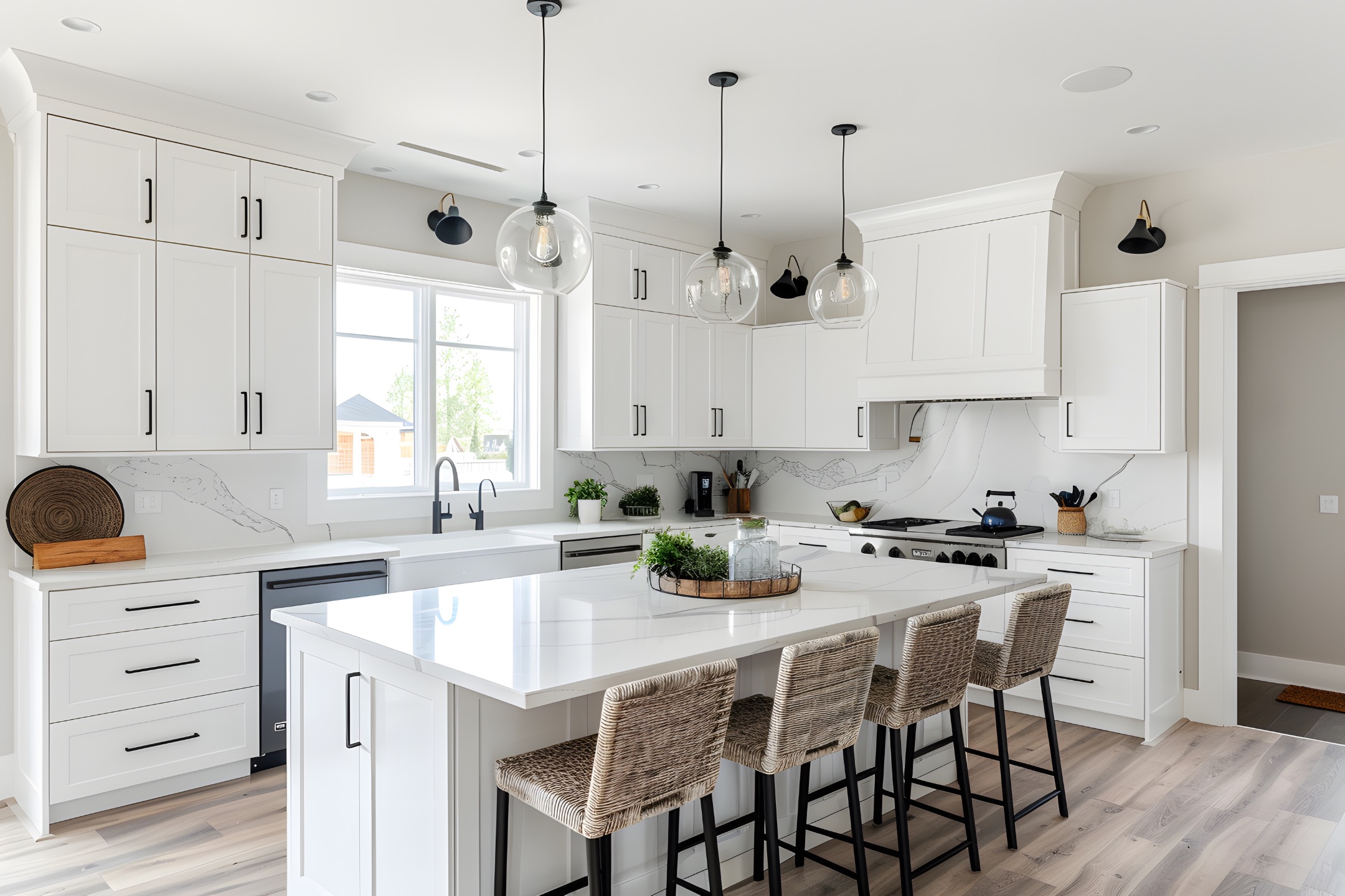 Modern kitchen with an island and laminate floors.