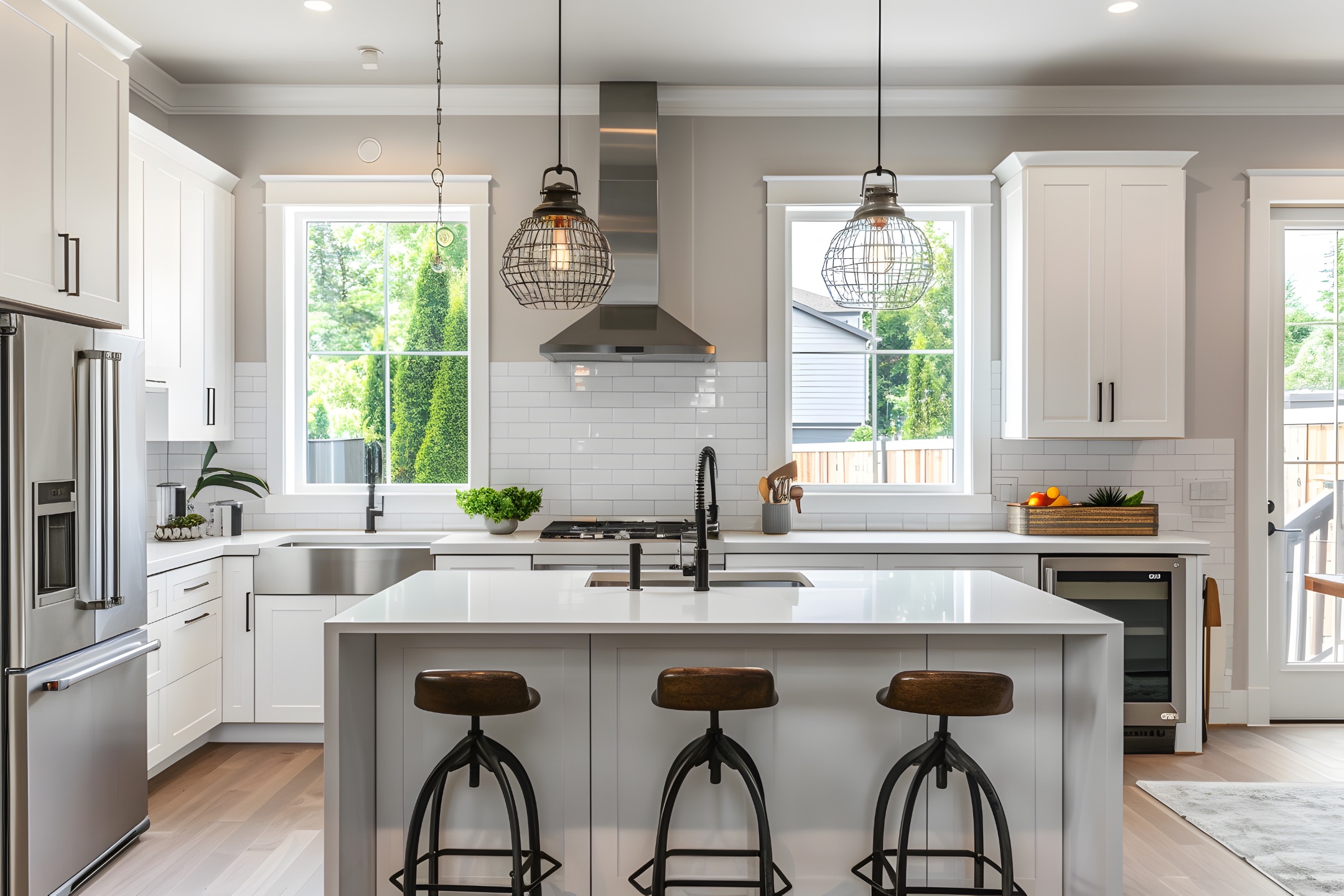Modern kitchen with white cabinetry, stainless steel appliances, and a spacious island, showcasing the expertise of Bayside Builders Group in Bay Area home remodeling and kitchen renovations.