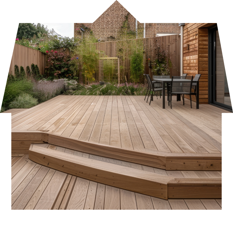 A beautiful deck inside a house-shaped frame.